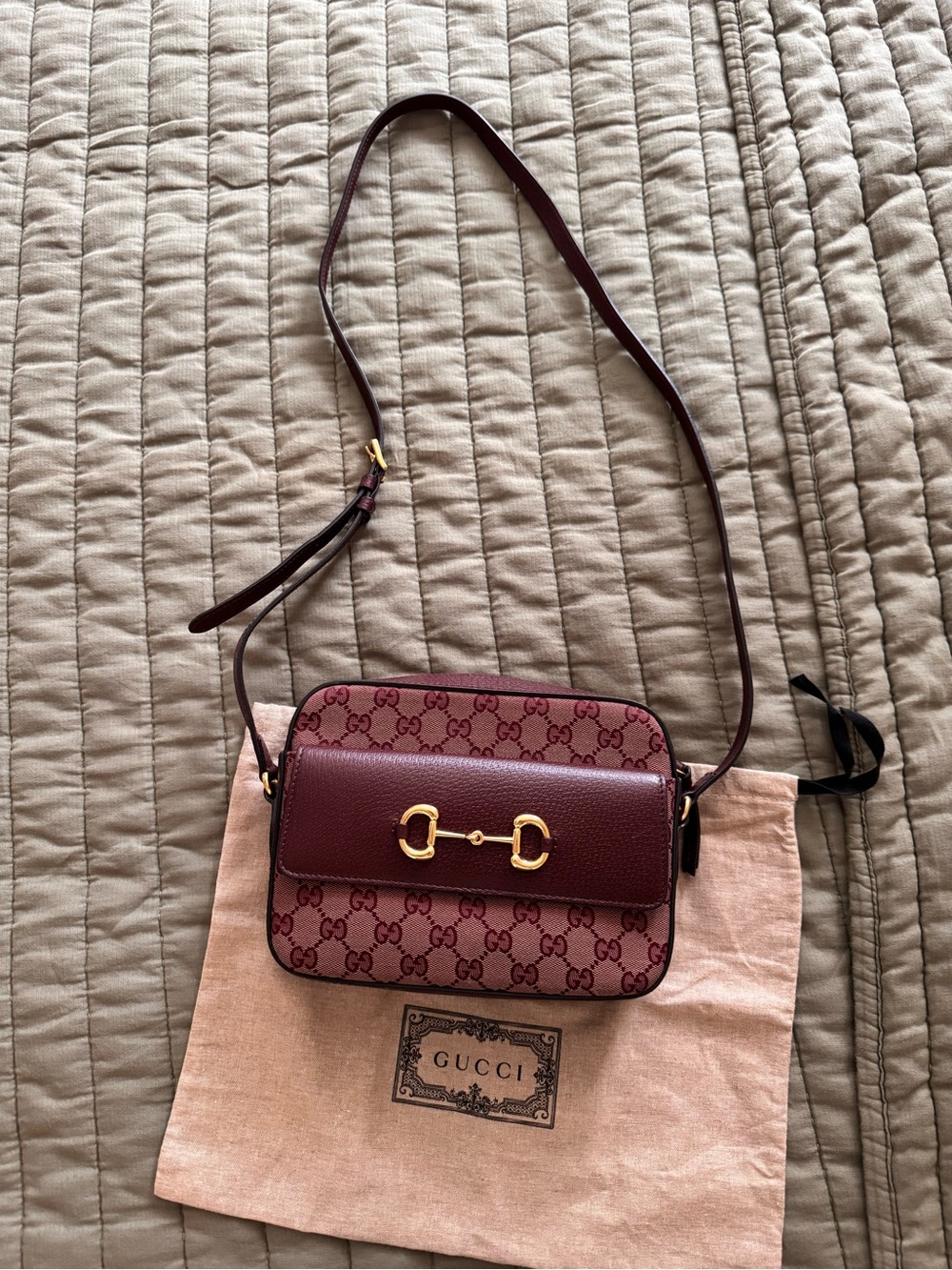 Gucci Horsebit 1955 Burgundy GG Canvas Crossbody Bag